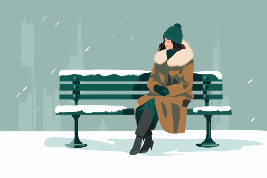 a woman sitting in the snow on a park bench