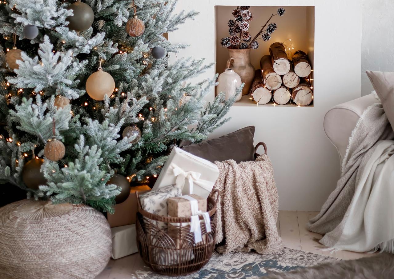 A burr basket under a Christmas tree in a living room