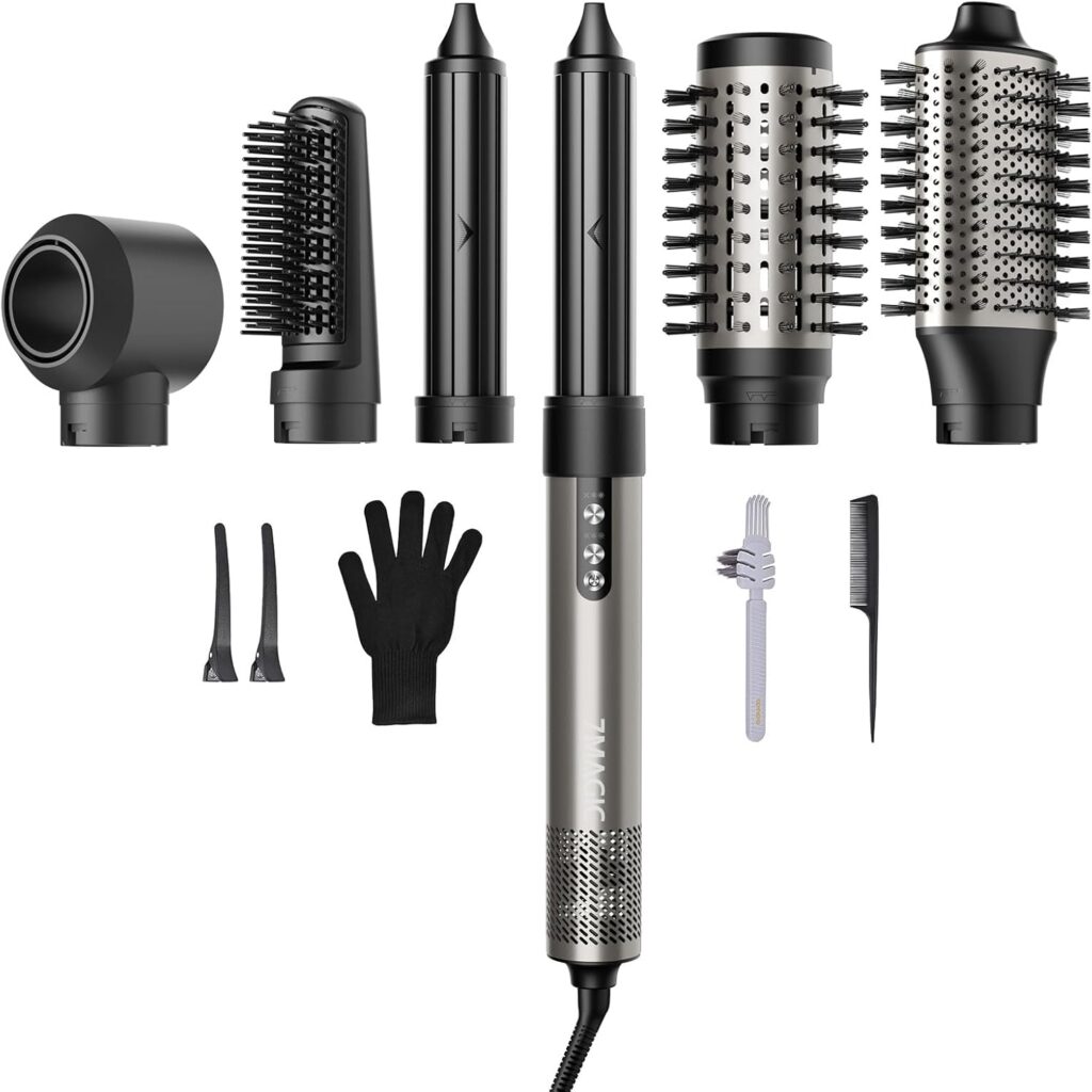 The 7MAGIC 6-In-1 Styler sits against a white background. All six parts are laid out, plus the two hair clips, one glove, a comb and a parting tool. It's one of the best Dyson Airwrap dupes.