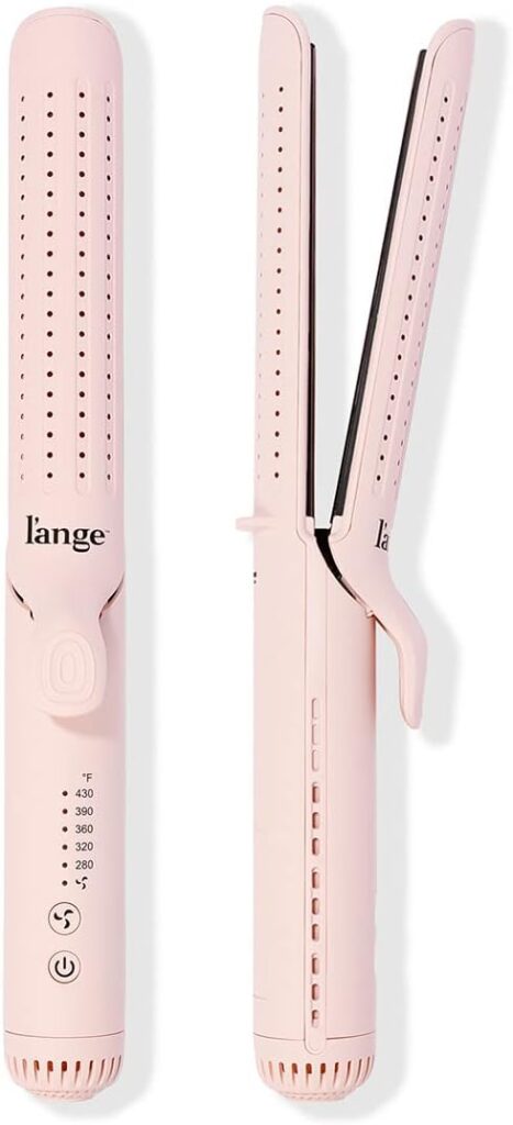 A pink L'ange styler sits against a white backround. One is sitting closed to show the air flow holes on the exterior and the other is lying on its side to show how it opens. It's one of the best Dyson Airwrap dupes.