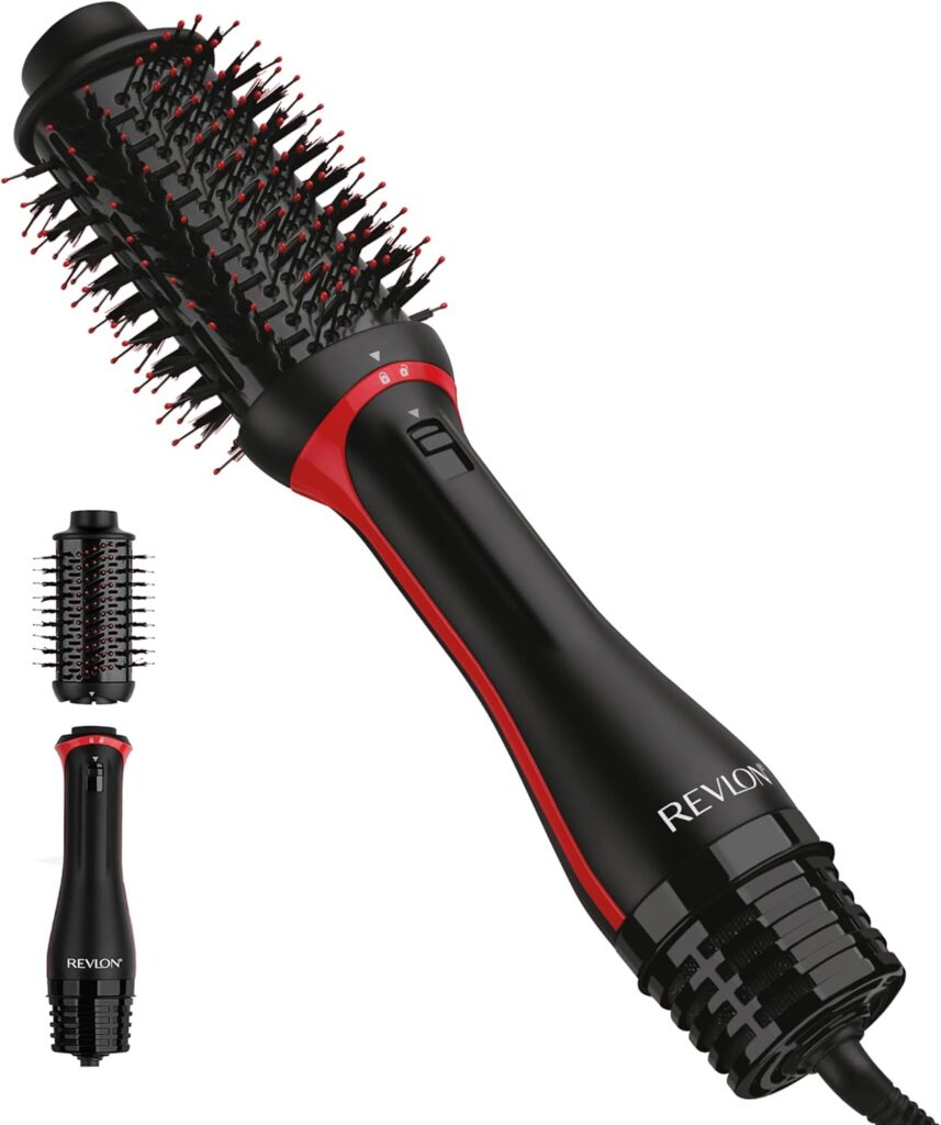 The red and black Revlon One-Step Volumizer sits against a white background. A second Volumizer sits in the bottom left corner. It's smaller and shows how the head detatches.