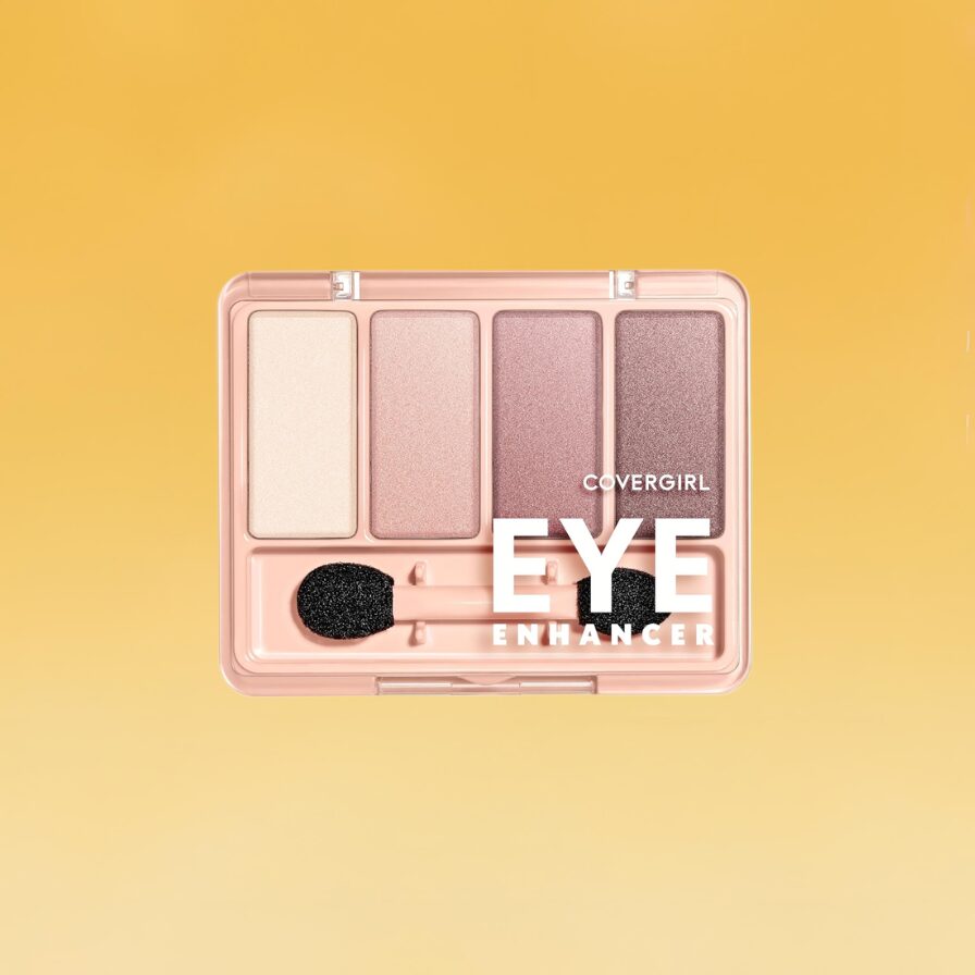A COVERGIRL Eye Enhancer eyeshadow kit with varying shades of pink powder and a sponge applicator sits against the yellow Body+Mind background.