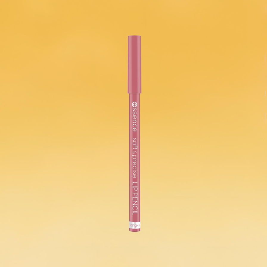 A slim pink pencil of Essence's Soft & Precise Lip Pencil sits unopened against the yellow Body+Mind background.