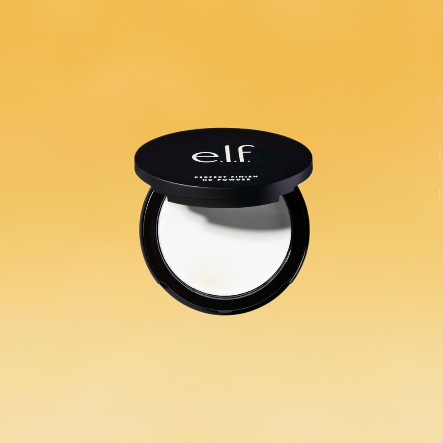 A white and black container of e.l.f.'s Perfect Finish HD Powder sits against the yellow Body+Mind background.