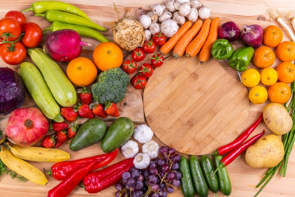 Fruits and vegetables on a table.