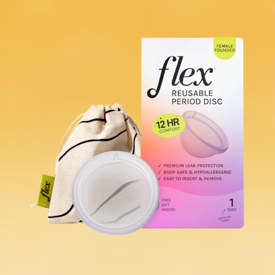 A pink and purple box for Flex's reusable period disc, the silicone disc and the canvas storage bag sits against the Body+Mind branded background.