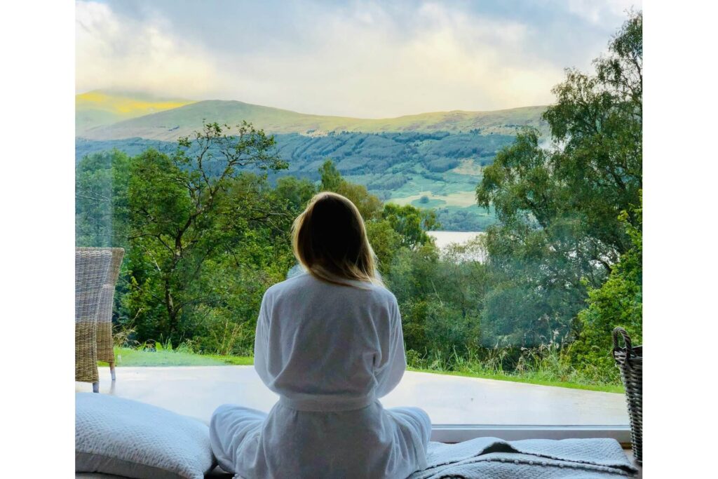 A woman relaxing in a calm environment