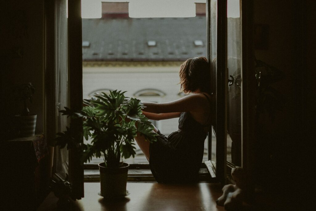 A woman in a floral gray dress sits in an open window overlooking a city street. A green potted plant is next to her.