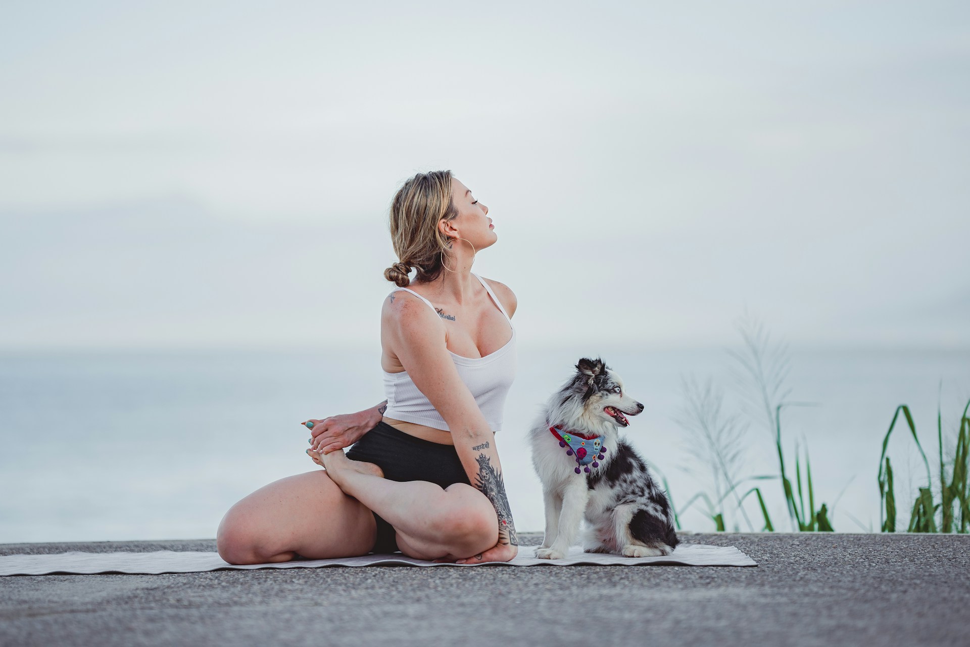 woman stretching with dog puppy yoga